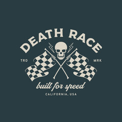 Skull with racing flag. Logo design illustration