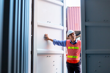 Foreman wearing uniform and hardhat industrial logistic opening door container cargo, checking containers loading area logistics import export and shipping.