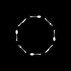 Fork spoon knife circle icon isolated on black background.