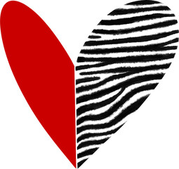 Hand drawn heart shape splitted into red part and Zebra pattern stripes one