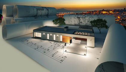 Naklejka na ściany i meble Bauplanung an einem modernen Bungalow mit Nachtbeleuchtung (City of Cagliari After Sunset in Background)- 3D Visualisierung