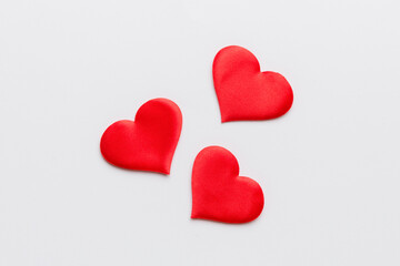 Valentine day background with red hearts, top view with copy space