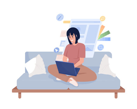 Female graphic designer sitting on couch semi flat color vector character. Editable figure. Full body person on white. Simple cartoon style illustration for web graphic design and animation