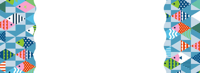 幾何学的な魚模様のフレーム・背景素材／マルチカラー（バナー向け横長）