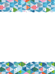 幾何学的な魚模様のフレーム・背景素材／マルチカラー（縦向き）