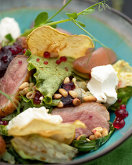 Salad with bacon, lettuce, cream cheese, caviar., pine nuts and apple chips. Blue plate. close-up. 