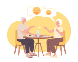 Senior couple having dinner together and laughing 2D vector isolated illustration. Older friends flat characters on cartoon background. Colorful editable scene for mobile, website, presentation
