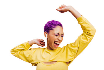 Woman with purple hair dancing and celebrating on a transparent background