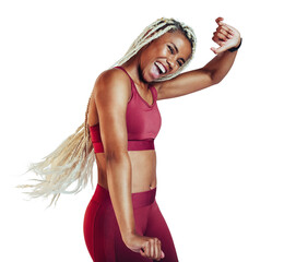 Cheerful sportswoman dancing and celebrating on a transparent background - obrazy, fototapety, plakaty