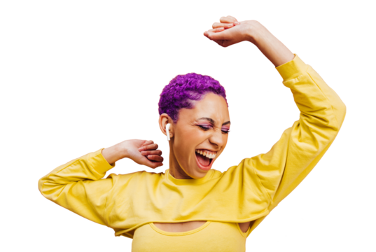 Woman with purple hair dancing and celebrating on a transparent background