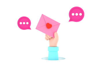 character hand holding mail postal envelope with heart and bubble. New communication message concept.