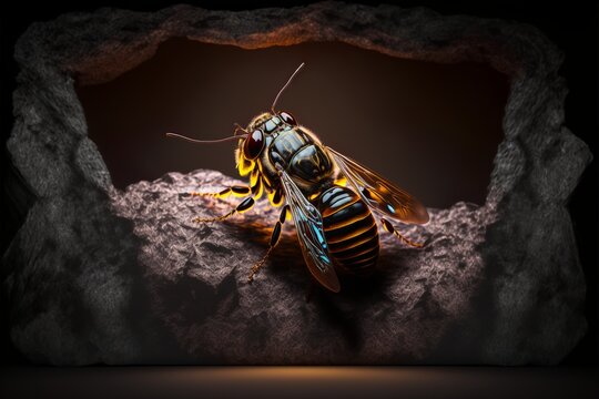 Giant hornet flying insect with glowing abdomen on rocky surface in nature at night