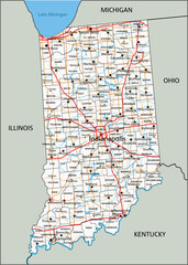 High detailed Indiana road map with labeling.