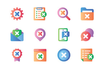 Reject icons set in color flat design. Pack of error gear, stop list, error search, close file, letter, wrong message, negative chat bubble and other. Vector pictograms for web sites and mobile app