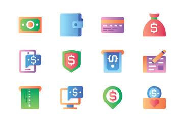 Payment icons set in color flat design. Pack of money, wallet, credit card, bag, message, protection shield, atm cash, dollar, buy, purchase and other. Vector pictograms for web sites and mobile app