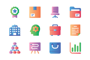 Business icons set in color flat design. Pack of achievement goal, success medal, parcel, office chair, file folder, building, brainstorming and other. Vector pictograms for web sites and mobile app