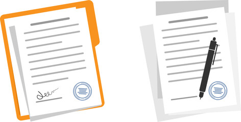 File folder with white leaf and sticky notes.Document case,paper case,notebook.Open file folder.Folder with documents . Documents with stamp and text.Contract papers.