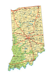 High detailed Indiana physical map with labeling.