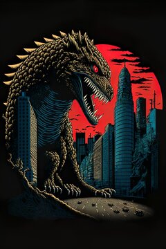 Retro style giant monster movie poster design with kaiju rampage in the city