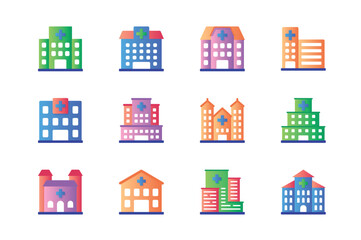 Hospital icons set in color flat design. Pack of building exterior, clinic facade, pharmacy, medicine office, medical real estate, property and other. Vector pictograms for web sites and mobile app