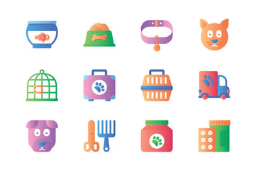 Veterinary icons set in color flat design. Pack of aquarium fish, dog, food bowl, collar, cat, cage, luggage, carrying, grooming tools, pills and other. Vector pictograms for web sites and mobile app