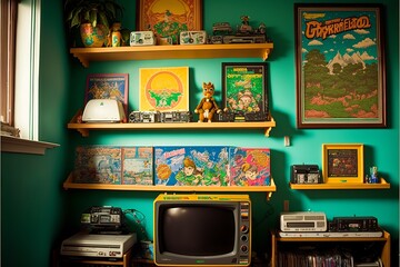 Retro kid's room interior with vintage devices and pop culture posters, dinosaurs and nostalgic gadgets from the 80s and 90s