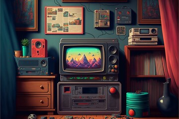 Retro kid's room interior with vintage devices and pop culture posters, vhs video cassette player and nostalgic gadgets from the 80s and 90s