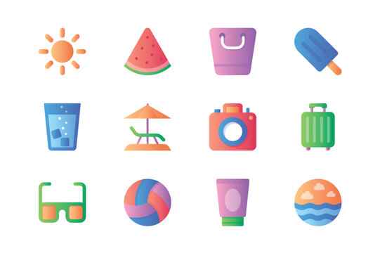 Summer icons set in color flat design. Pack of sun, watermelon, ice cream, cold drink, lounger beach, umbrella, camera, luggage, sunglasses and other. Vector pictograms for web sites and mobile app