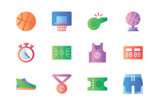 Basketball icons set in color flat design. Pack of ball, basket, whistle, cup, stopwatch, field, sportswear, scoreboard, sneakers, win medal and other. Vector pictograms for web sites and mobile app