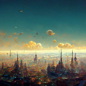 Generative AI illustration of modern city with towers and clouds