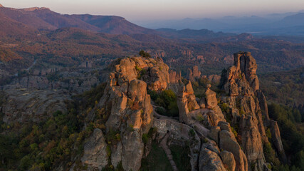 Aerial view of Belogradchik rocks and Belogradchik fortress, Bulgaria in the autumn, November 2019