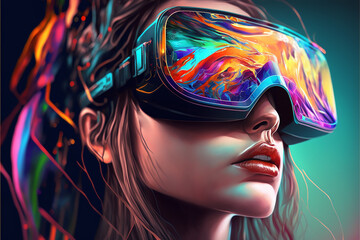 Woman with VR headset in metaverse. Metaverse, future, digital technology concept. Generative AI