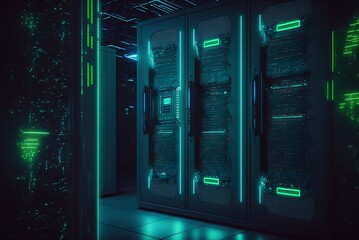 Innovation and Progress: Futuristic server room, compact and sleek servers, blue and green lights, monitored by AI, innovation and progress