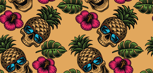 Vector seamless surfing background with skull in vintage style.