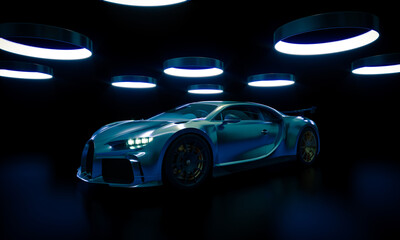 Fototapeta premium elegant sports car and circular lights on the ceiling.