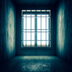concrete prison cell interior and bars at bright window.