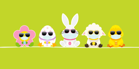 Weißer Osterhase & Freunde Mit Küken Maske Sonnenbrille Banner Grün