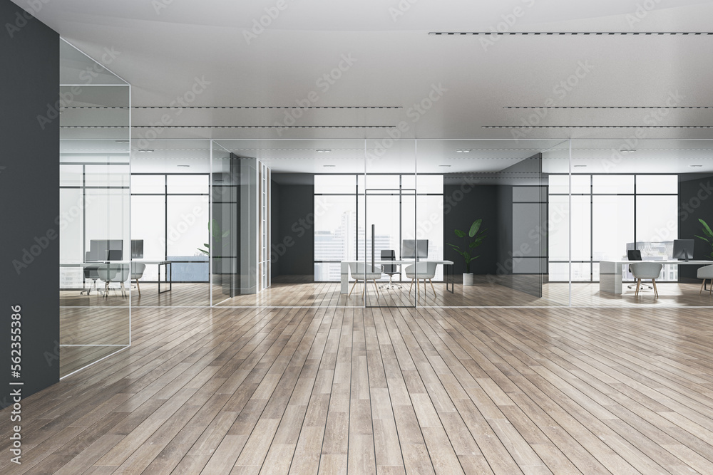 Aufkleber front view on modern spacious sunlit office cabinets with city view background from panoramic window