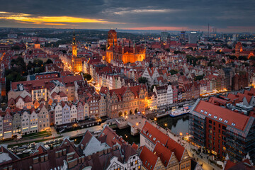 Fototapeta na wymiar Aerial view of the beautiful main city in Gdansk at dusk, Poland