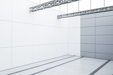 Clean empty white garage interior. Warehouse concept. 3D Rendering.