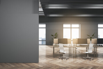 Modern dark concrete and wooden coworking office interior with empty mock up place on wall, furniture, equipment, window with city view and sunlight. Workplace and loft space concept. 3D Rendering.