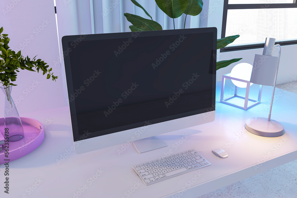 Aufkleber Creative designer office desktop with empty computer monitor, decorative plant and other objects. Mock up, 3D Rendering.
