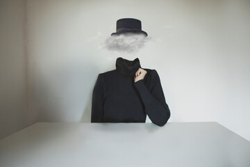 surreal person with a cloud for a head, abstract concept of dream, imagination, creativity
