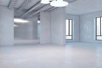 Abstract simple concrete room design with windows and daylight. 3D Rendering.