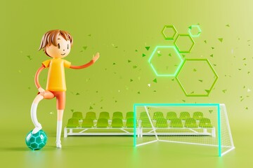 action cartoon 3d character. boy in sports action. 3d illustrator. colorful human design. happy face. sport object rendering. fitness activity. health concept. copy space background. soccer ball