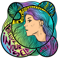 girl with ornament and phrase "Belive in yourself"