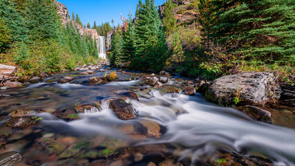 The 100-foot waterfall called Tumalo Falls on Tumalo Creek west of the town of Bend, Oregon