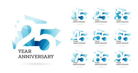 Set fifteen to ninety-five years anniversary logo design, celebrate anniversary logo to celebrate event, invitations, 15, 25, 35, 45, 55, 55, 65, 75, 85, 95, logo sign purpose - obrazy, fototapety, plakaty
