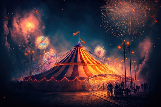 Place of amusement, complete with a big top and fireworks Generative AI