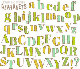 hand drawn alphabet doodle, crayon and marker